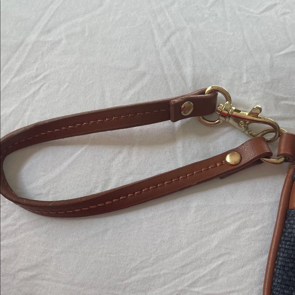 Spartina 449 Navy Canvas Wristlet with Orange and Cream Floral Motif
